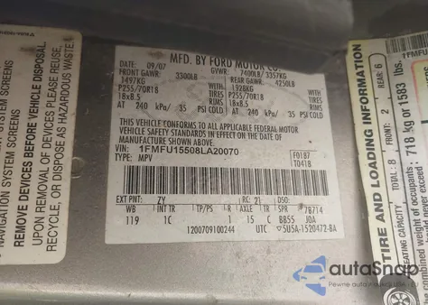 2008 Ford Expedition Xlt z USA, uszkodzony, nr VIN 1FMFU15508LA20070